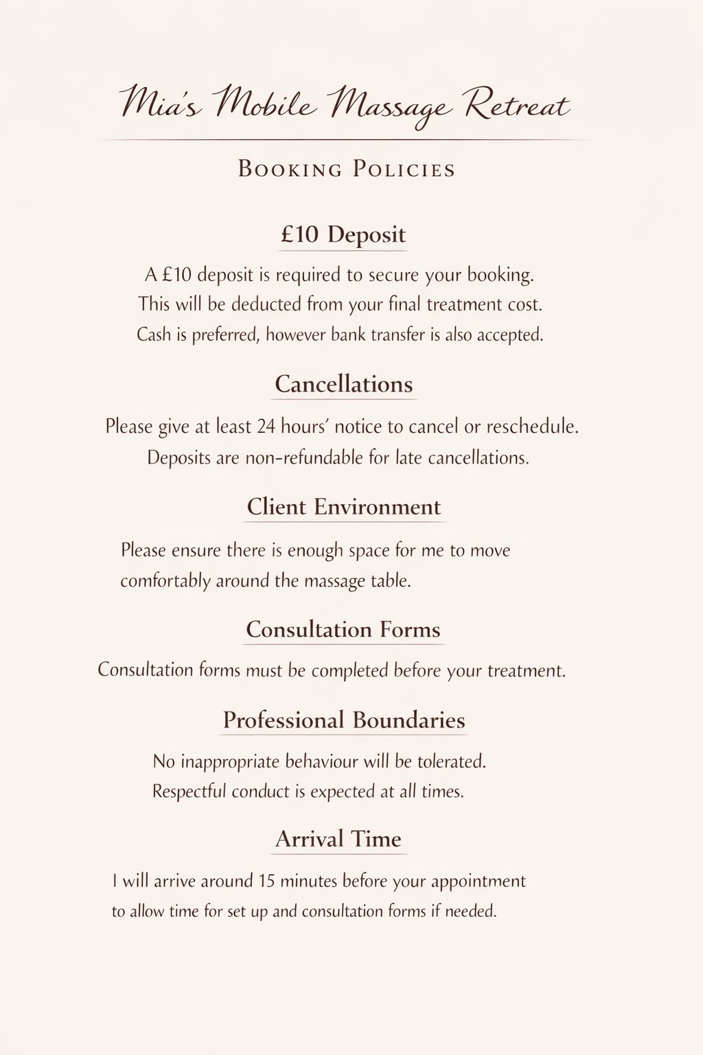 Massage booking policies